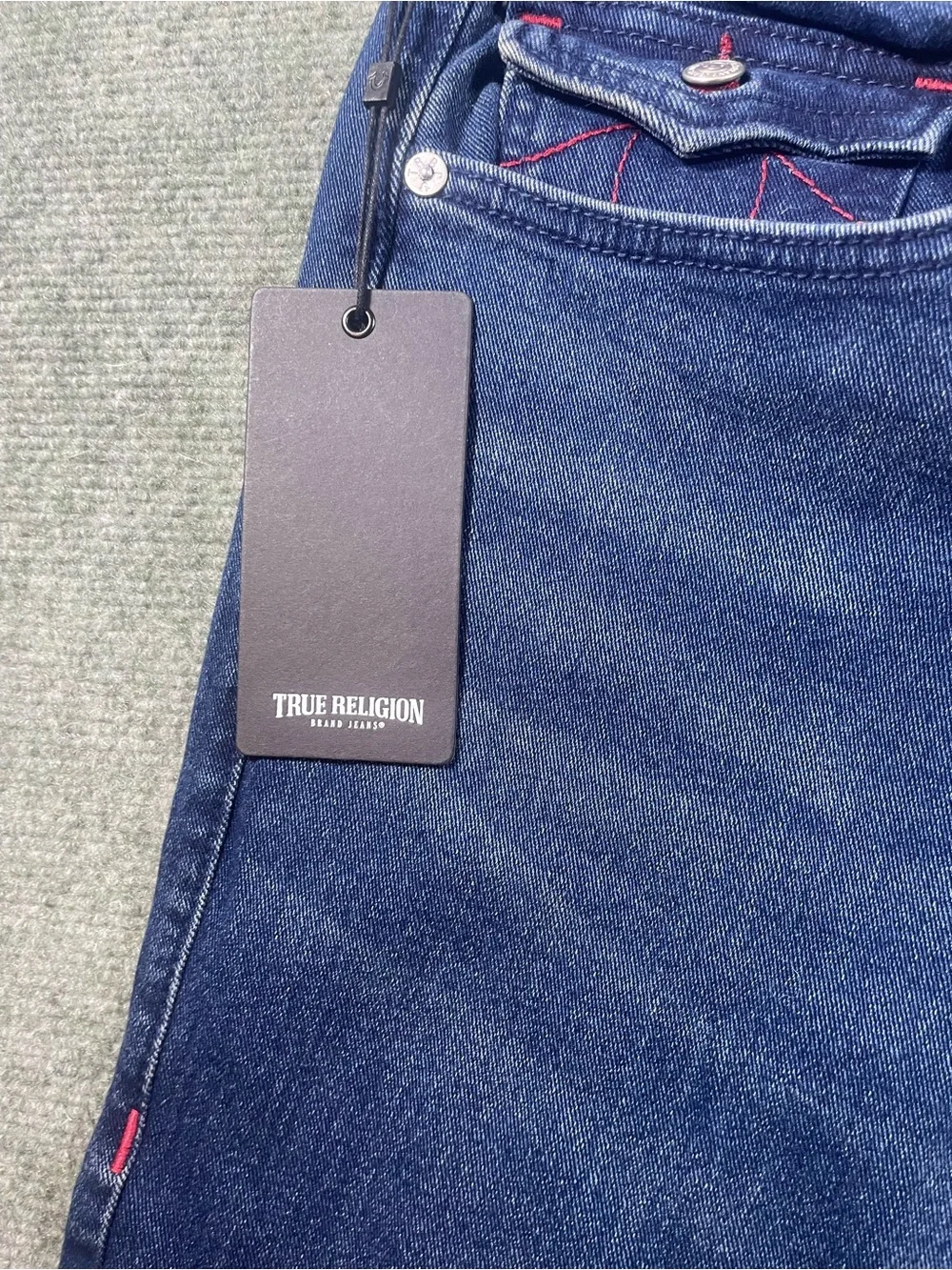True Religion Ricky Men's Straight Jeans in Dark Blue with Red Accents
